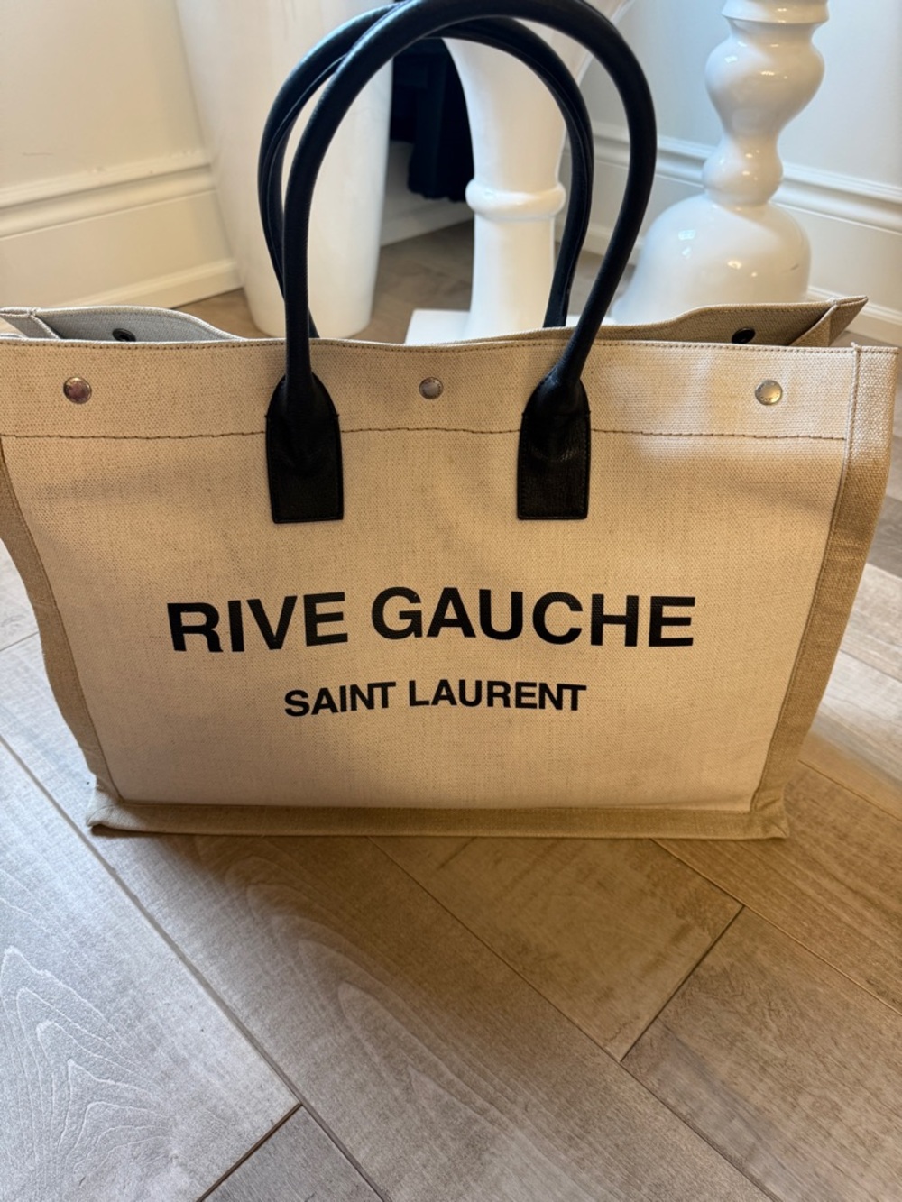 Saint Laurent Natural Canvas Rive Gauche Tote with Black Accents